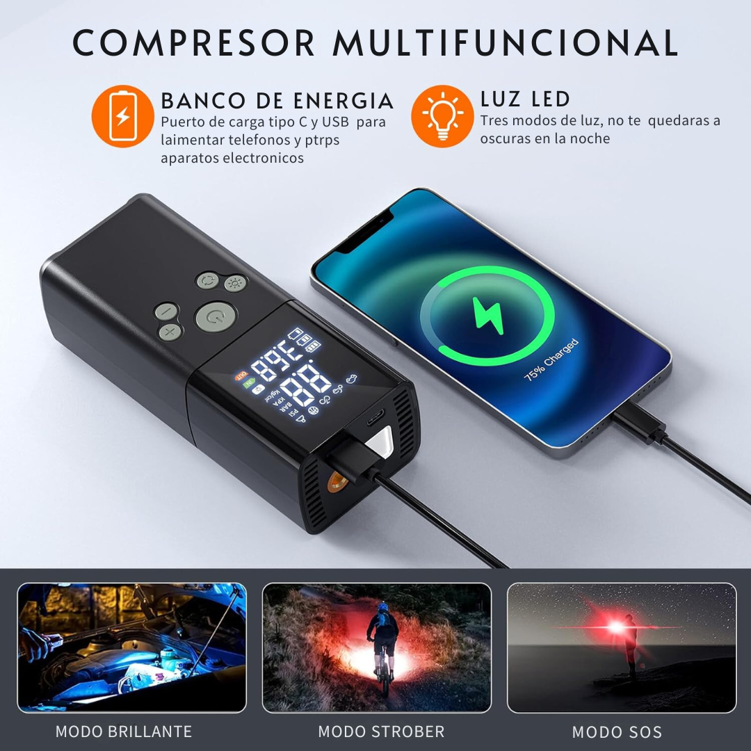 Compresor portatil de auto 3 en 1