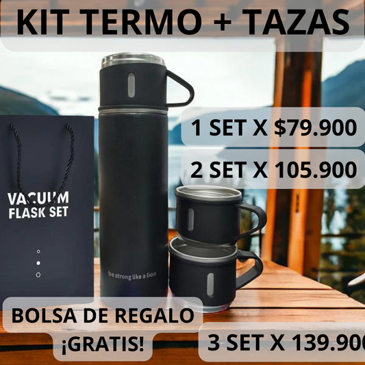 Kit de termos  para bebidas caliente o frio + 3 tazas GRATIS